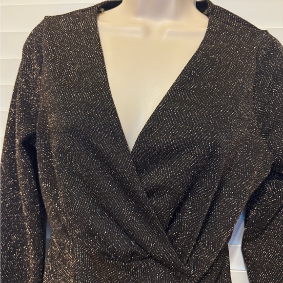 Blashe Black Metallic Shimmer Wrap Mini Dress Size M | Long Sleeve - Picture 3 of 14
